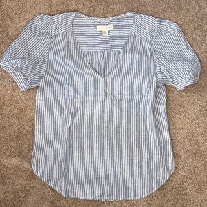 Treasure & Bond Blue and White Striped V-Neck Puff Sleeve Blouse